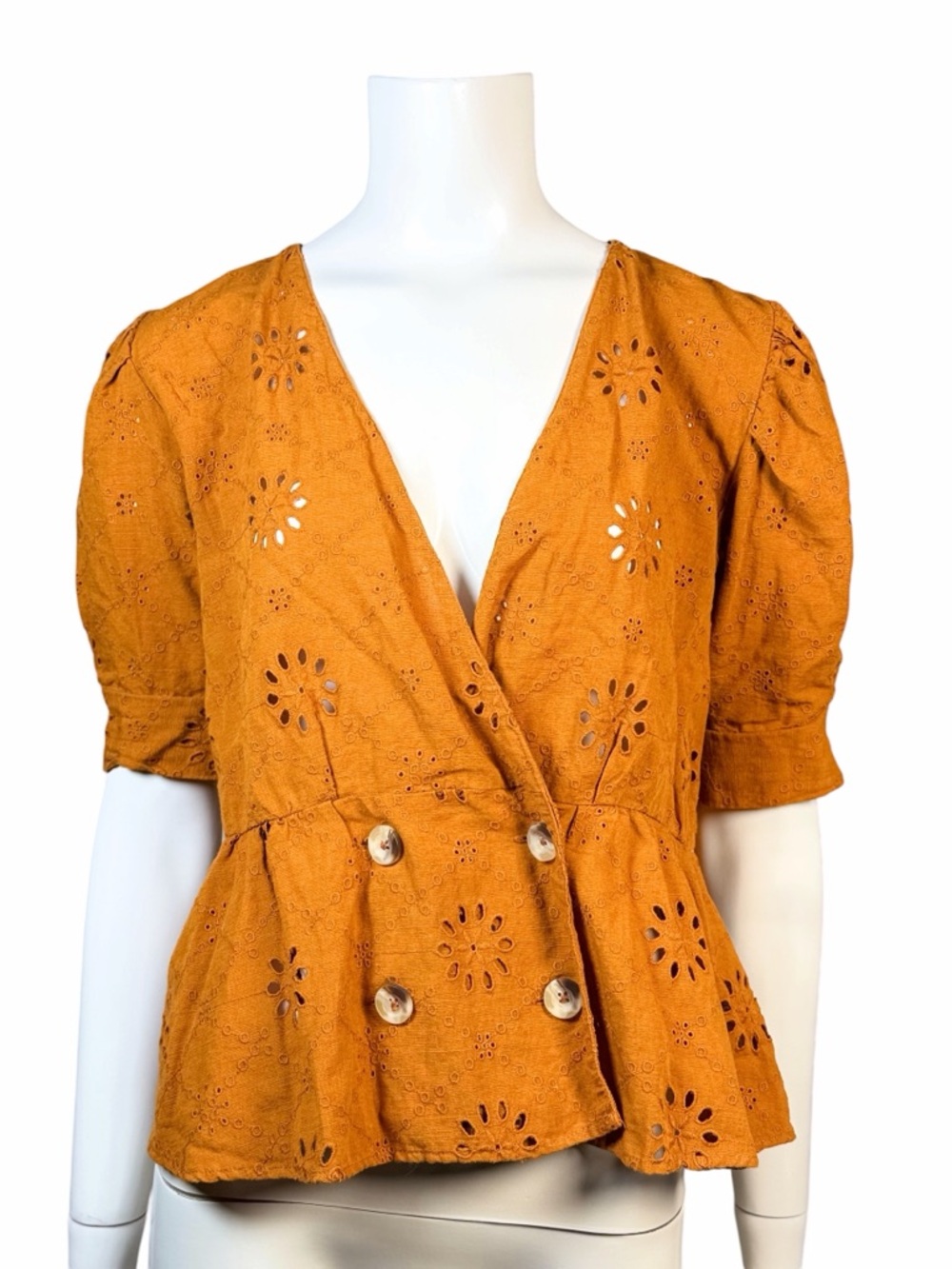 Zara Eyelet Peplum Blouse Mustard Puff Sleeve Wrap Top Medium - Picture 2 of 6